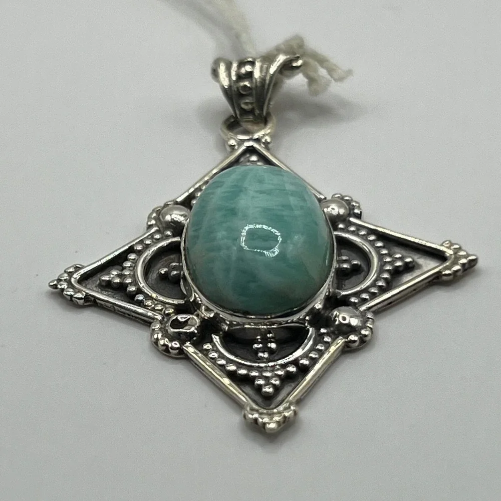 Sterling Silver‎ Amazonite Pendant Oval Cabochon Gemstone Vintage Style 925